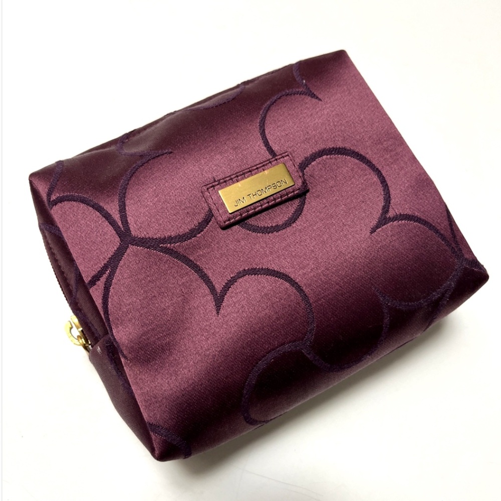 Jim Thompson Thai Silk Cosmetic Bag Burgundy Makeup Pouch Gold Logo 6x5.5